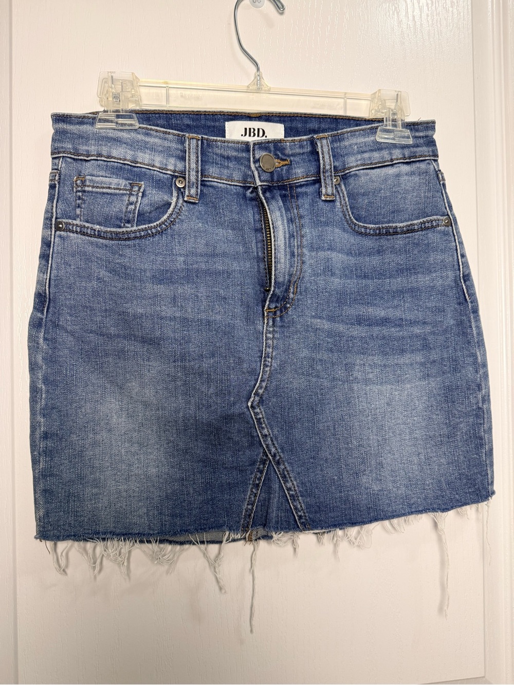 JBD Just Black Denim Blue Raw Hem Denim Stretchy mini Skirt Size S DK424